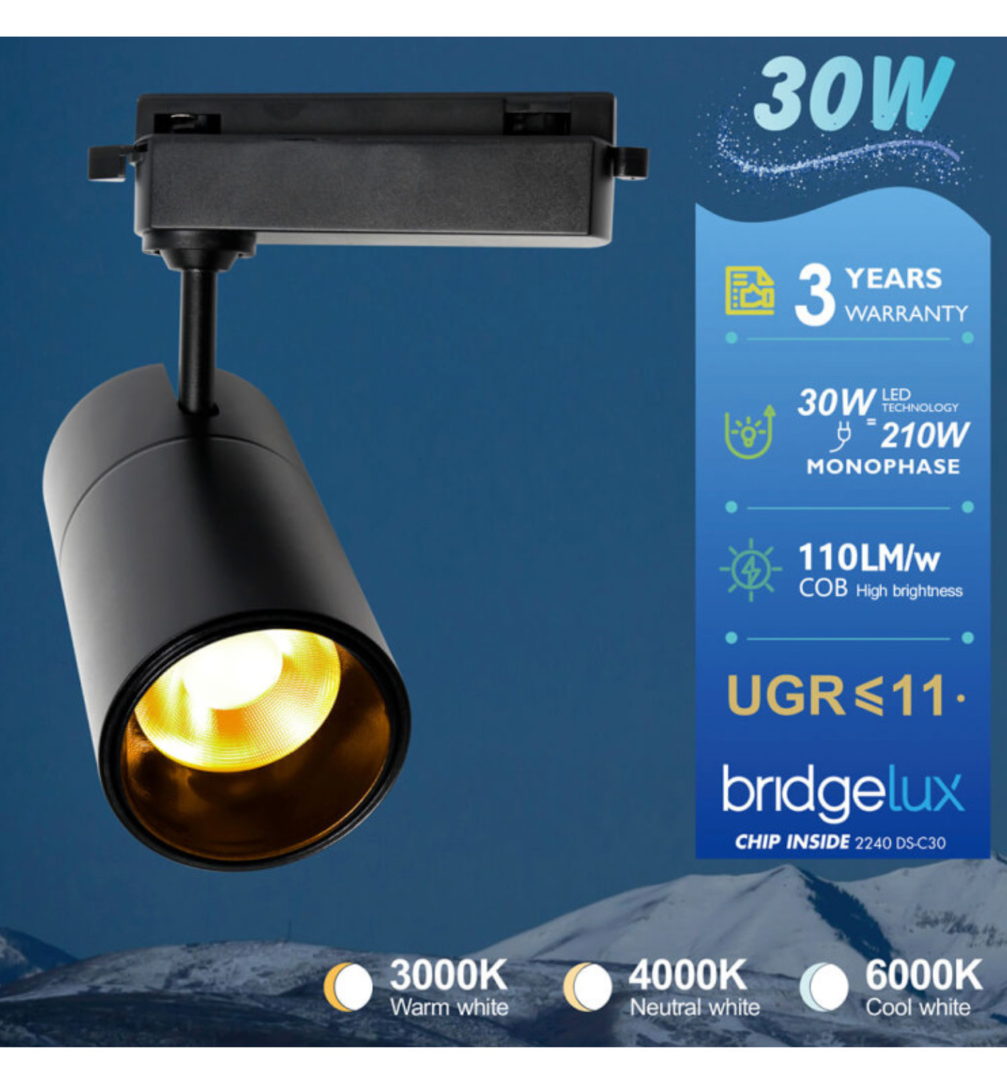 LED Spotlight 30W 3000K Svart